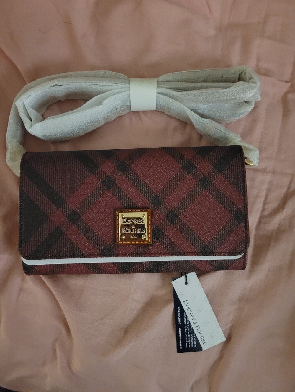 Dooney & Bourke Burgundy and Black Plaid Crossbody Handbag.